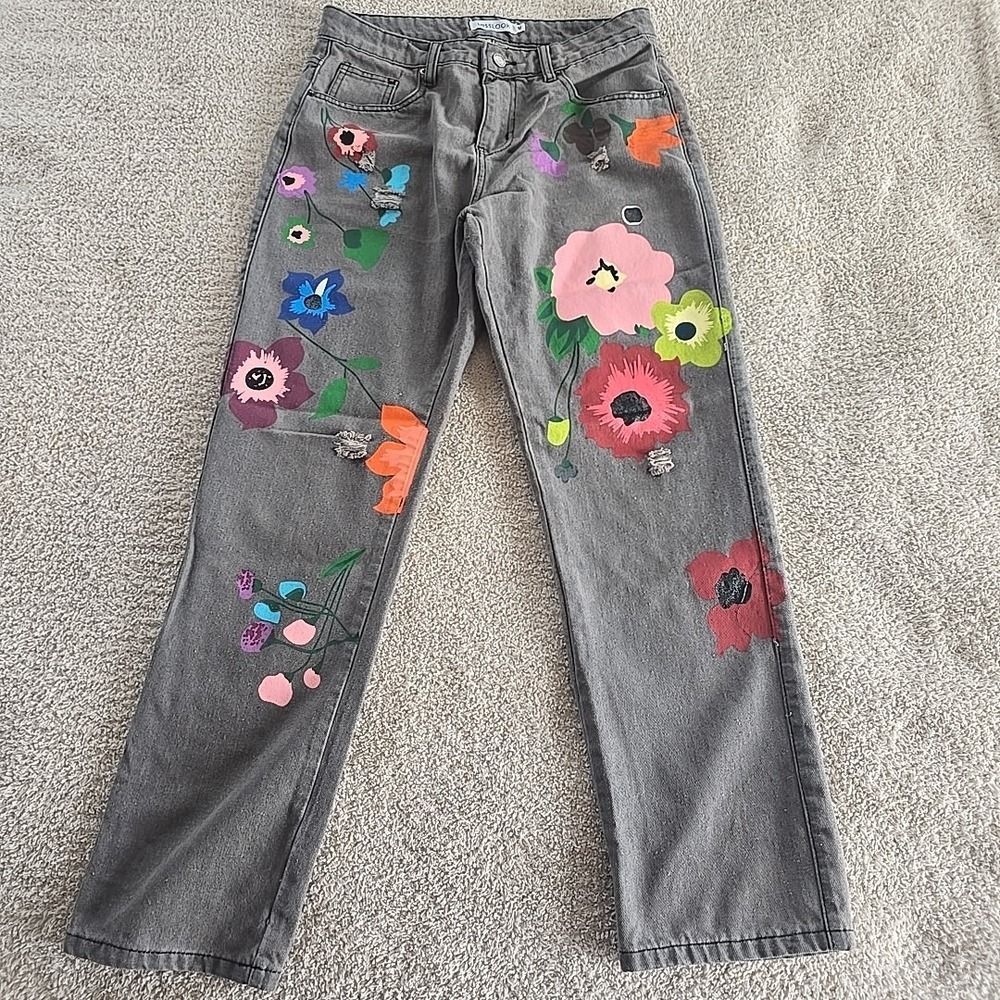Misslook Painted Floral Gray Denim Jeans‎ Straight Leg Women's Sz M Artsy Hippie